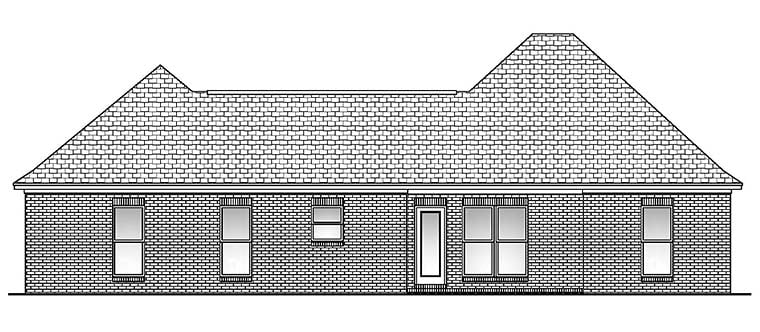 Acadian, Country, European, French Country Plan with 1500 Sq. Ft., 3 Bedrooms, 2 Bathrooms, 2 Car Garage Rear Elevation