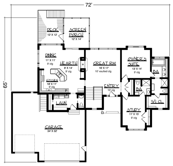 European, One-Story House Plan 57461 with 1 Beds, 3 Baths, 3 Car Garage Level One