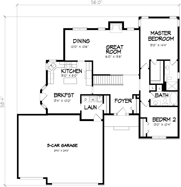One-Story Ranch Level One of Plan 57476