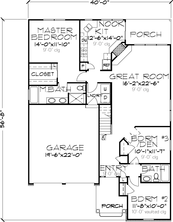 Bungalow Craftsman Narrow Lot One-Story Level One of Plan 57521