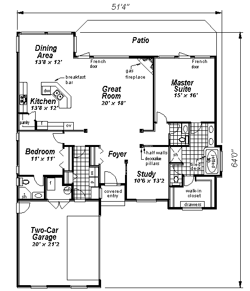 One-Story Ranch Level One of Plan 58538
