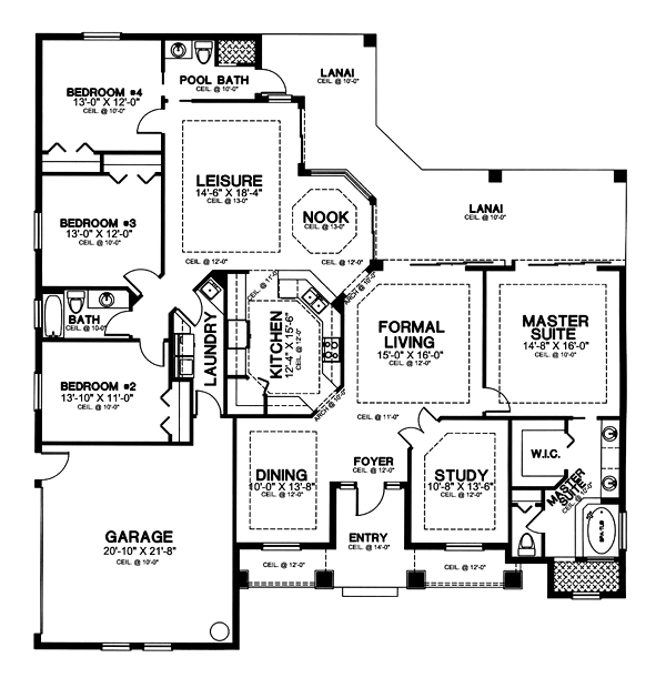 Plan 58939 | One-Story Style with 4 Bed, 3 Bath, 2 Car Garage