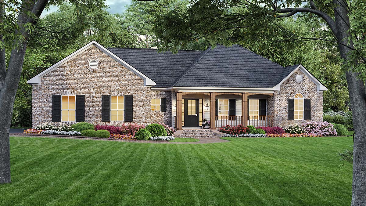 European, Ranch, Traditional Plan with 1639 Sq. Ft., 3 Bedrooms, 2 Bathrooms, 2 Car Garage Elevation