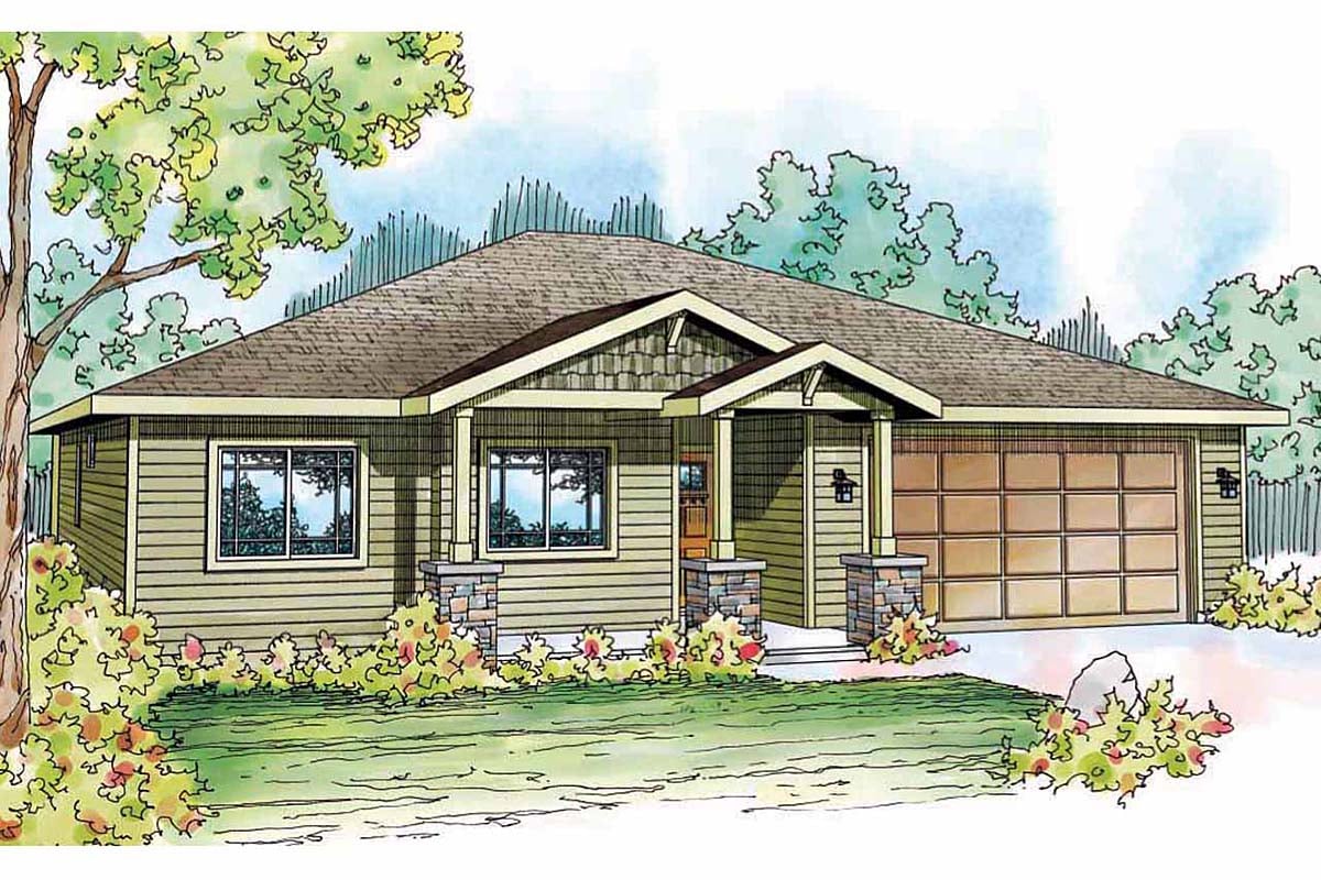 Contemporary, Cottage, Country, Craftsman, Ranch Plan with 1501 Sq. Ft., 3 Bedrooms, 2 Bathrooms, 2 Car Garage Elevation