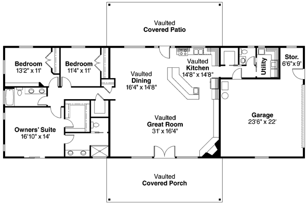Contemporary Ranch Level One of Plan 59760