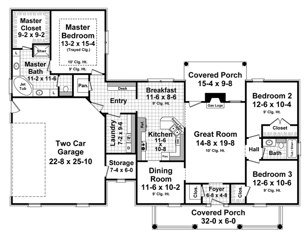 Acadian Country Farmhouse Southern Traditional Level One of Plan 59932