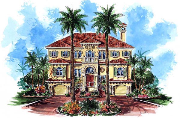 Florida, Mediterranean Plan with 3938 Sq. Ft., 3 Bedrooms, 3 Bathrooms, 4 Car Garage Elevation