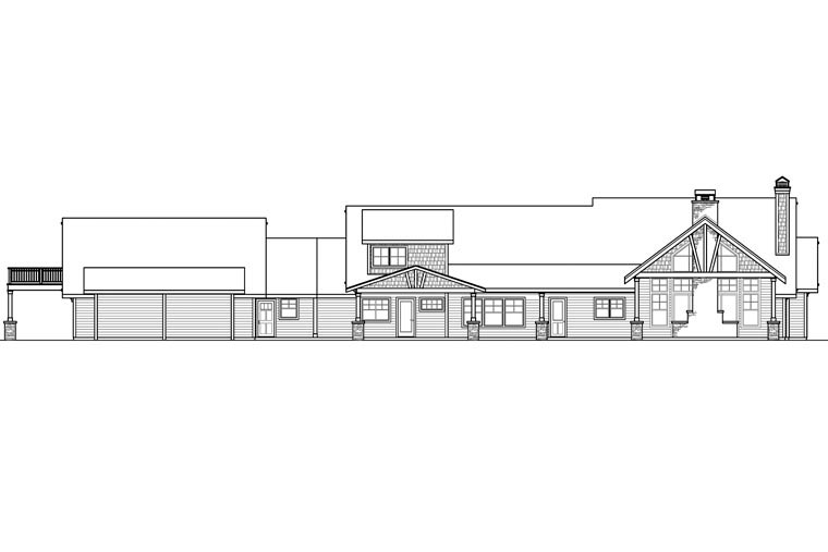 Craftsman, Prairie Style Plan with 3815 Sq. Ft., 3 Bedrooms, 3 Bathrooms, 2 Car Garage Rear Elevation