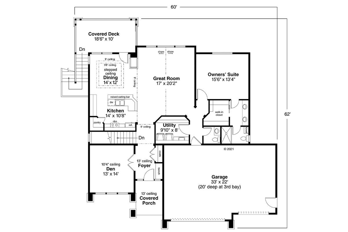 Bungalow Craftsman European Prairie Style Level One of Plan 60940