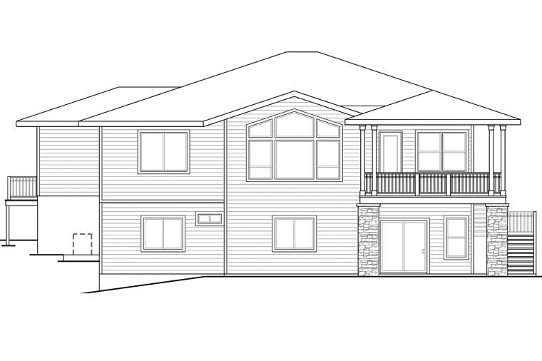 Bungalow, Craftsman, European, Prairie Style Plan with 2579 Sq. Ft., 3 Bedrooms, 3 Bathrooms, 3 Car Garage Rear Elevation