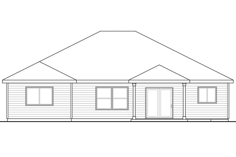 Cape Cod, Cottage, Ranch Plan with 1859 Sq. Ft., 3 Bedrooms, 2 Bathrooms, 2 Car Garage Rear Elevation