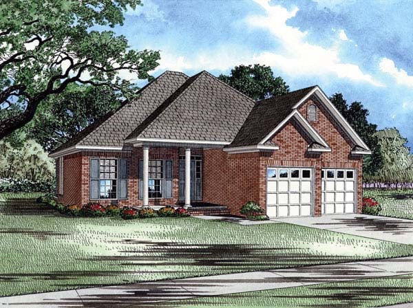 European, One-Story Plan with 1504 Sq. Ft., 3 Bedrooms, 2 Bathrooms, 2 Car Garage Elevation