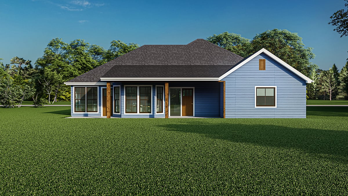 European, One-Story Plan with 1485 Sq. Ft., 3 Bedrooms, 2 Bathrooms Rear Elevation