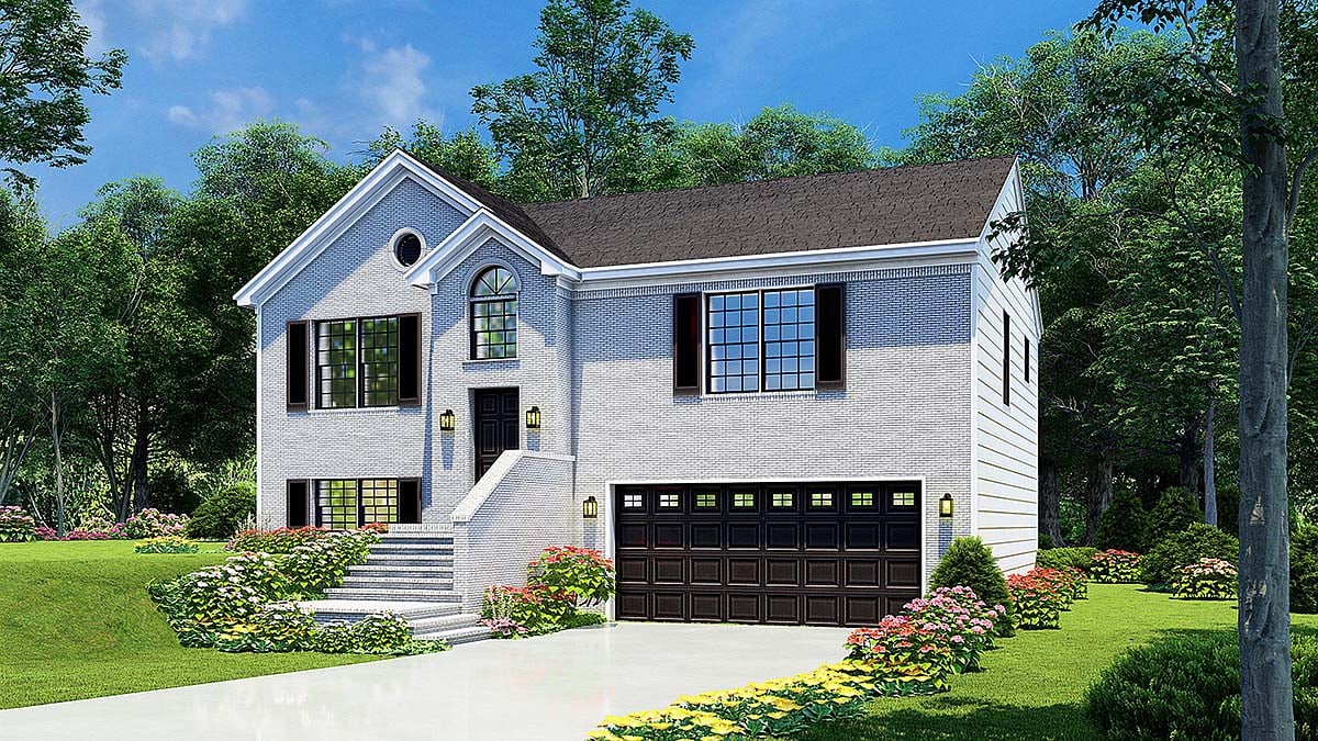 Colonial, Narrow Lot Plan with 1614 Sq. Ft., 4 Bedrooms, 3 Bathrooms, 2 Car Garage Elevation