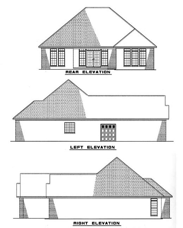 One-Story Rear Elevation of Plan 61355