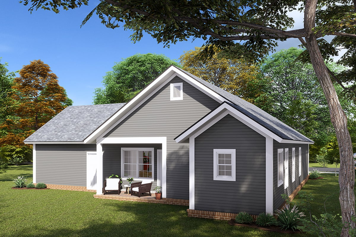 Cottage, Country, Traditional Plan with 1397 Sq. Ft., 3 Bedrooms, 2 Bathrooms, 2 Car Garage Rear Elevation