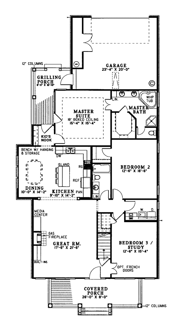 Colonial Country Narrow Lot One-Story Southern Level One of Plan 62073