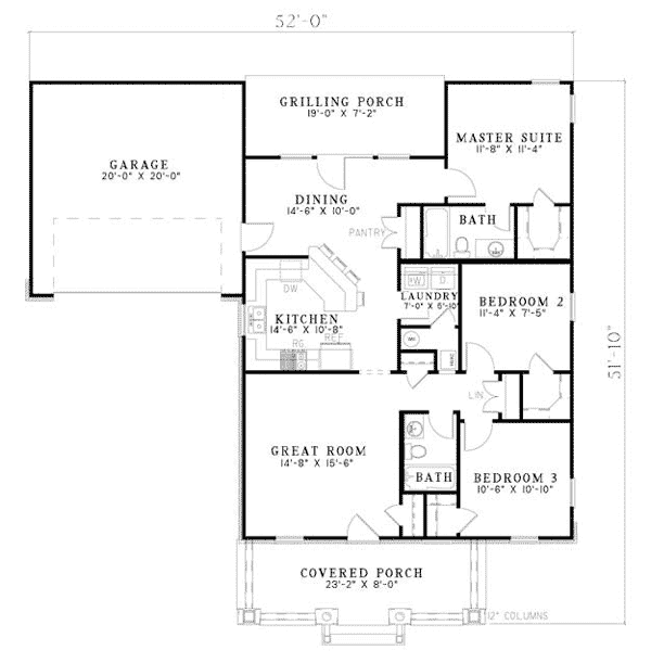 Bungalow One-Story Traditional Level One of Plan 62129