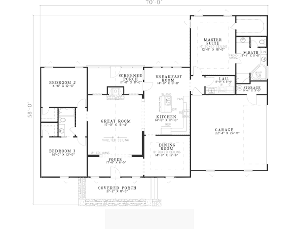 Bungalow Country Craftsman One-Story Level One of Plan 62148