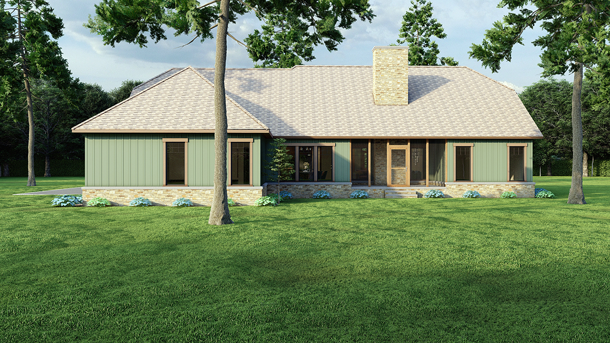 Bungalow, Country, Craftsman, One-Story Plan with 1982 Sq. Ft., 3 Bedrooms, 2 Bathrooms, 2 Car Garage Rear Elevation