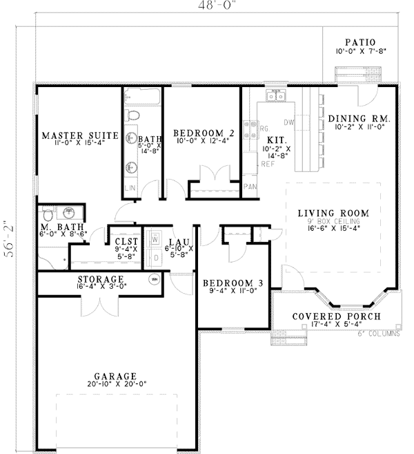 One-Story, Ranch, Traditional House Plan 62164 with 3 Beds, 2 Baths, 2 Car Garage Level One
