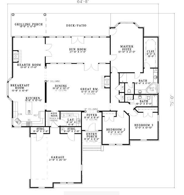European, Traditional House Plan 62166 with 3 Beds, 2 Baths, 2 Car Garage Level One