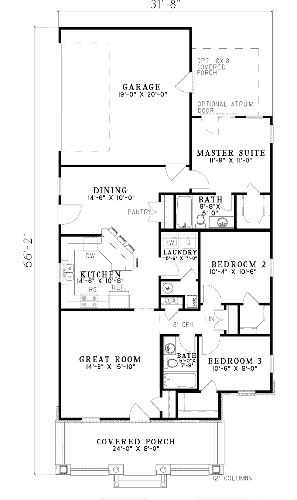 Bungalow Narrow Lot One-Story Level One of Plan 62176