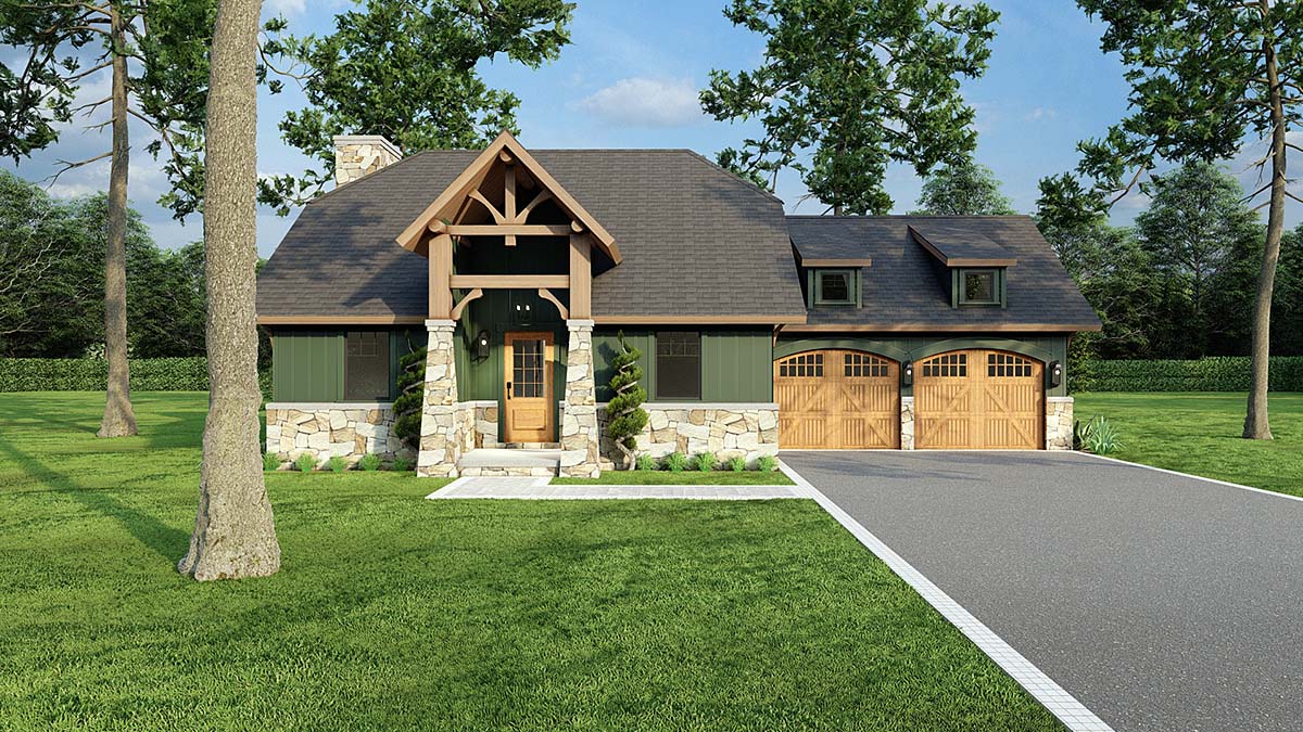 Bungalow, Cabin, Country, Craftsman, One-Story Plan with 1282 Sq. Ft., 3 Bedrooms, 2 Bathrooms, 2 Car Garage Elevation