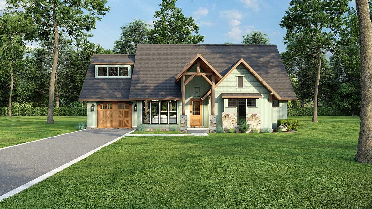 Bungalow, Cabin, Country, Craftsman, One-Story Plan with 1212 Sq. Ft., 3 Bedrooms, 1 Bathrooms, 1 Car Garage Elevation