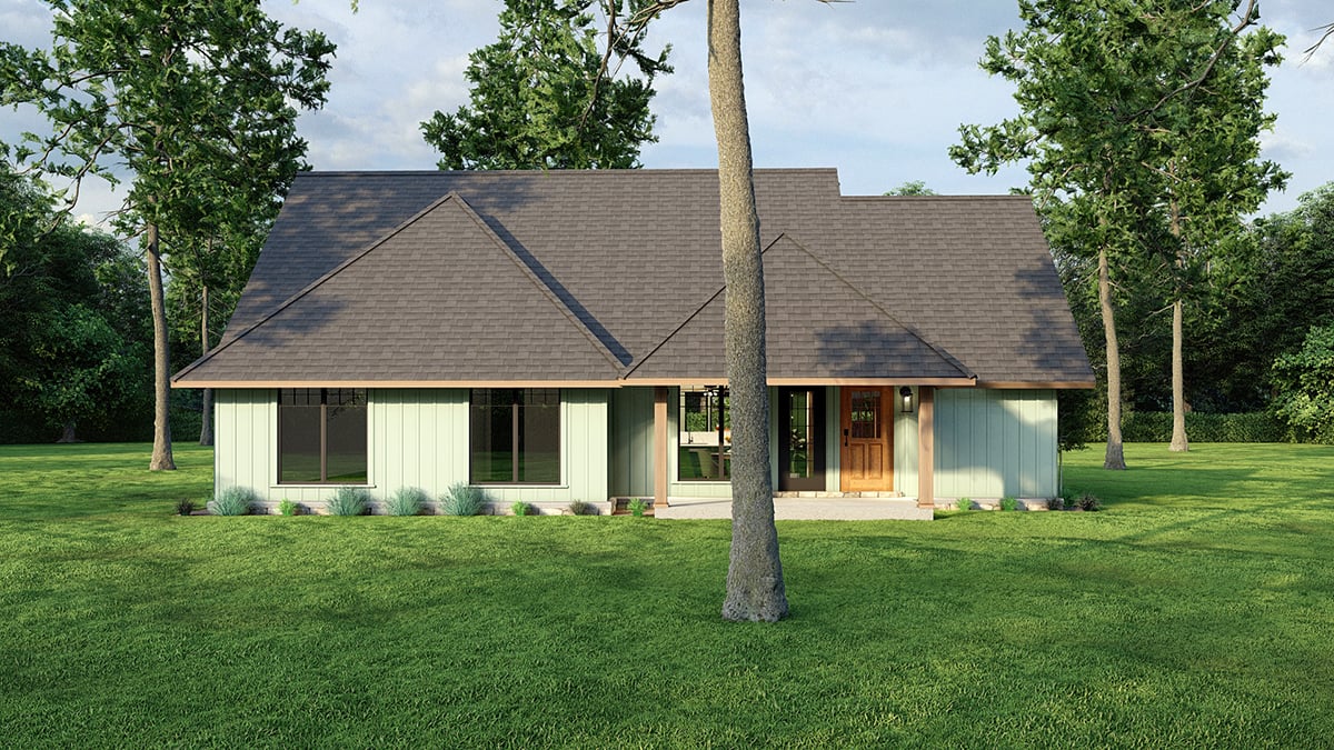 Bungalow, Cabin, Country, Craftsman, One-Story Plan with 1212 Sq. Ft., 3 Bedrooms, 1 Bathrooms, 1 Car Garage Rear Elevation