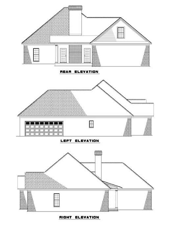 One-Story Rear Elevation of Plan 62296