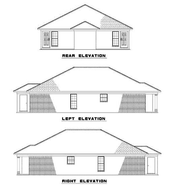 One-Story Rear Elevation of Plan 62334