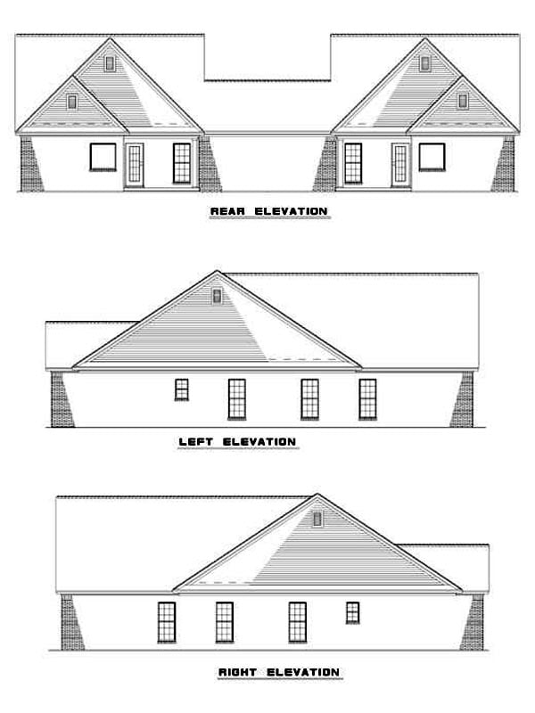 One-Story Rear Elevation of Plan 62371