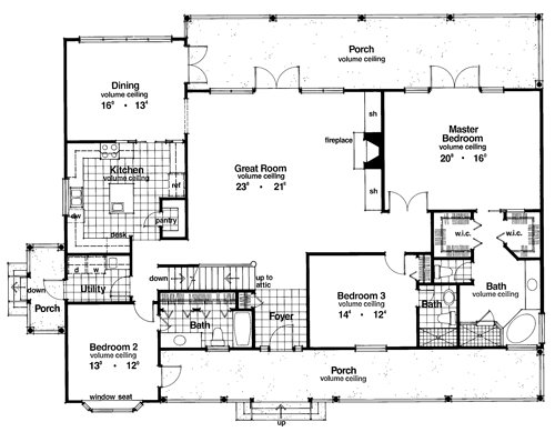 Colonial Country Farmhouse One-Story Level One of Plan 63298