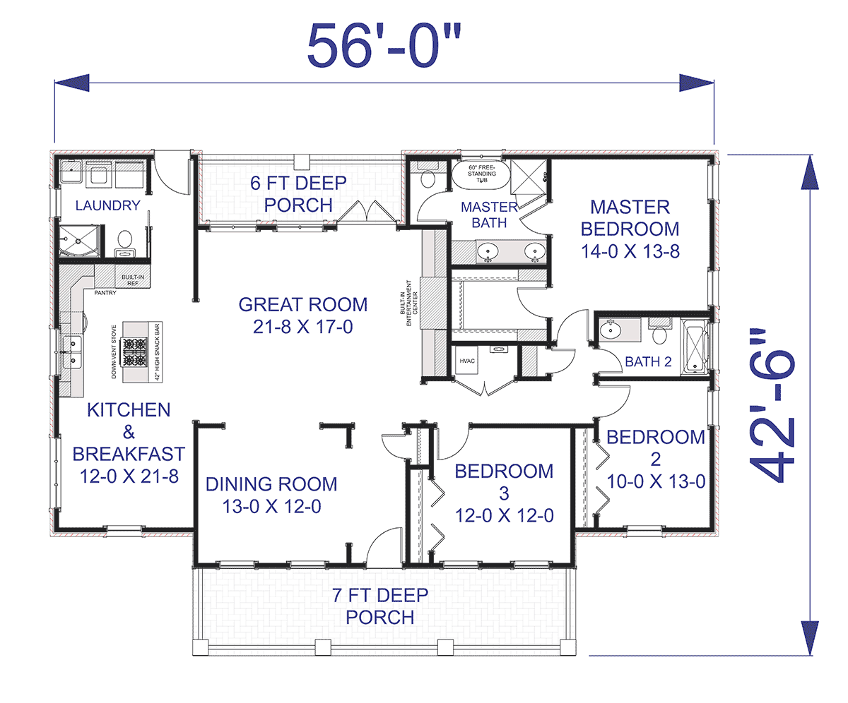 Country One-Story Southern Level One of Plan 64501