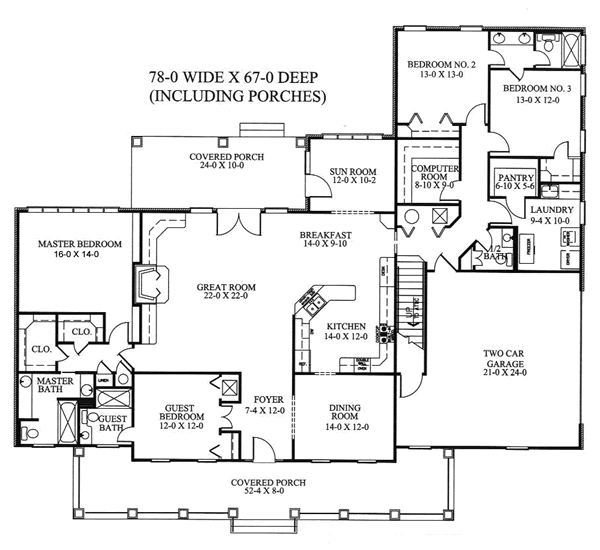 Colonial Country One-Story Level One of Plan 64510