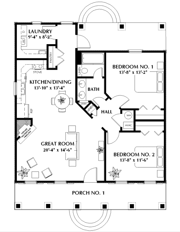 Colonial Country European One-Story Level One of Plan 64528