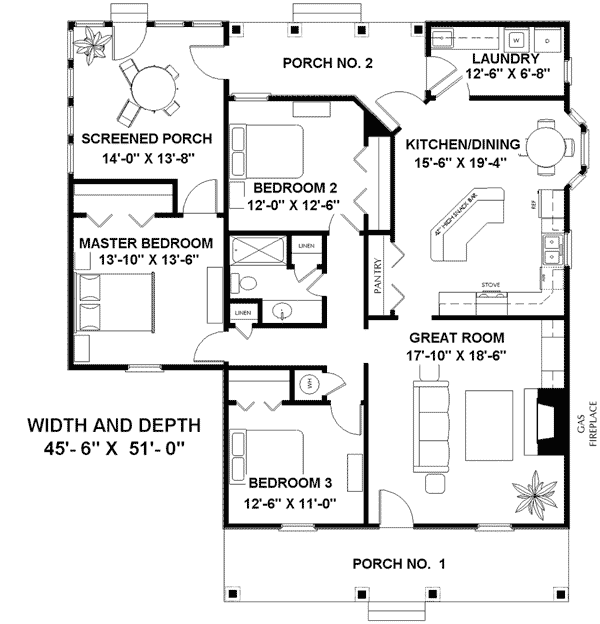 Colonial One-Story Ranch Level One of Plan 64530