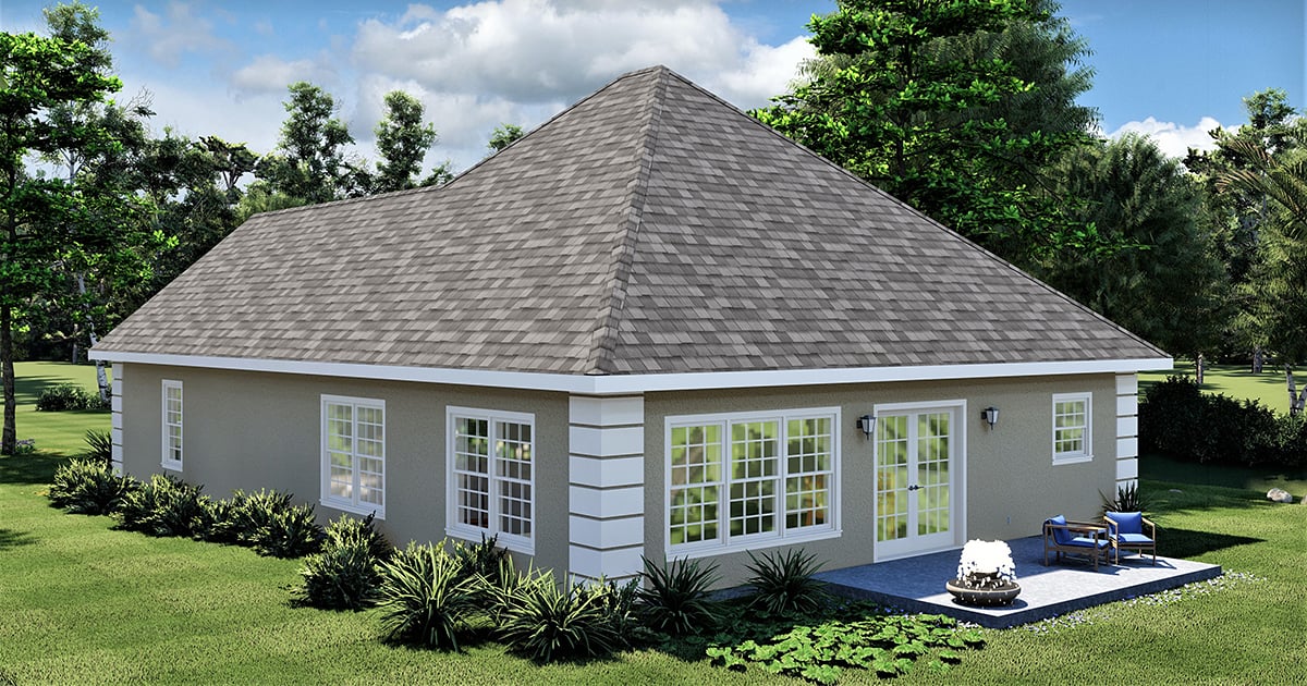 Mediterranean Plan with 1312 Sq. Ft., 2 Bedrooms, 2 Bathrooms, 1 Car Garage Rear Elevation