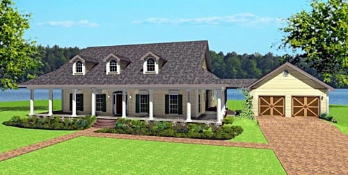 Country, One-Story House Plan 64574 with 4 Beds, 3 Baths, 2 Car Garage Elevation