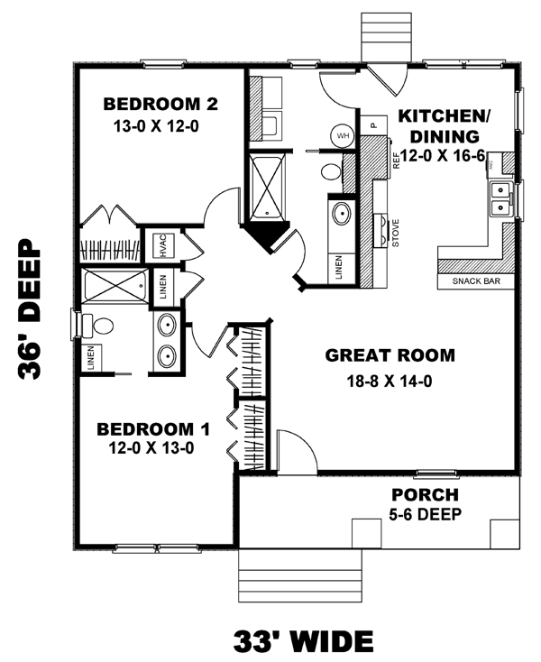 Craftsman House Plan 64576 with 2 Beds, 2 Baths Level One