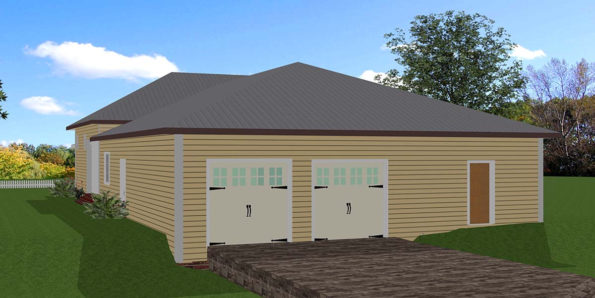 Colonial, Country, Southern Plan with 2209 Sq. Ft., 3 Bedrooms, 2 Bathrooms, 2 Car Garage Rear Elevation