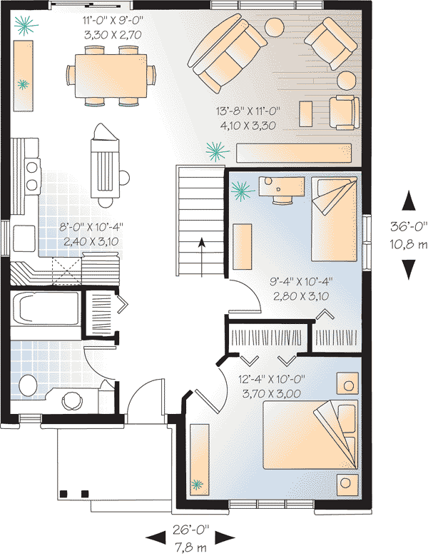 Bungalow Contemporary Narrow Lot One-Story Level One of Plan 64915