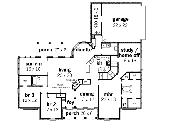 Colonial European One-Story Southern Level One of Plan 65612