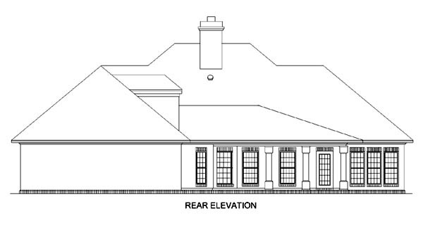 Colonial European One-Story Southern Rear Elevation of Plan 65612