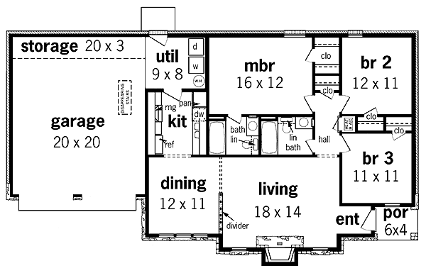 One-Story Ranch Level One of Plan 65748