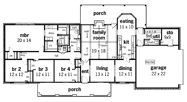 Farmhouse One-Story Level One of Plan 65782