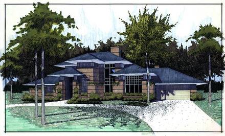 Contemporary Prairie Style Southwest Elevation of Plan 65844