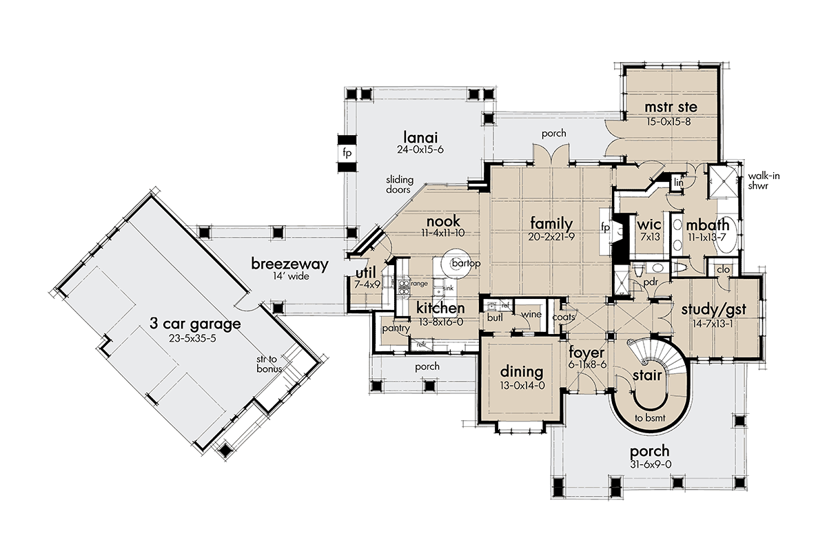 Cottage Craftsman European Tuscan Level One of Plan 65872