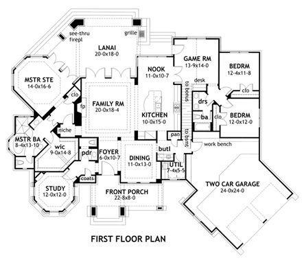Craftsman, Tuscan House Plan 65888 with 3 Beds, 3 Baths, 2 Car Garage First Level Plan